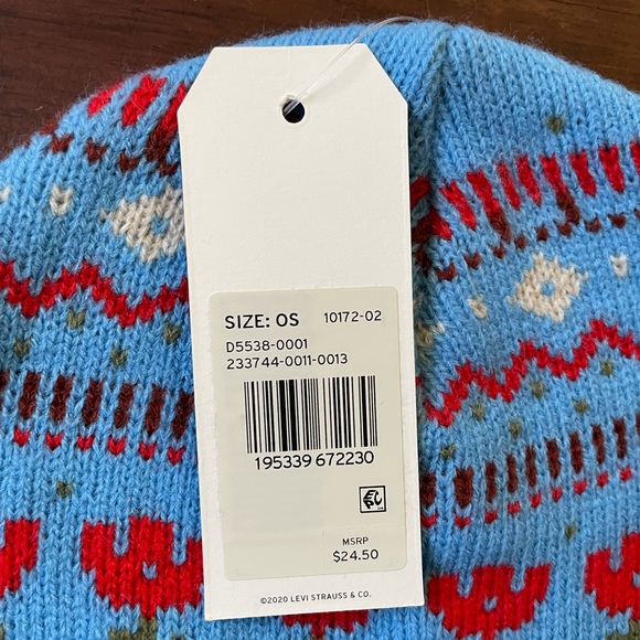 *NWT* Levi’s Fair Isle Graphic Knit Beanie, Blue/Red - Picture 6 of 8